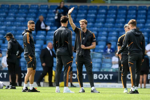 WE'RE BACK: Whites no 9 Patrick Bamford with a wave as he checks out the pitch prior to Leeds United's season opener against Wolves. 
Picture by Simon Hulme.