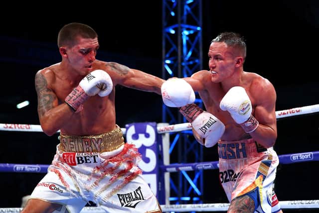 The night of his life: Josh Warrington throws a right shot at Lee Selby during IBF Featherweight Championship fight at Elland Road on May 19, 2018 (Picture: Alex Livesey/Getty Images)