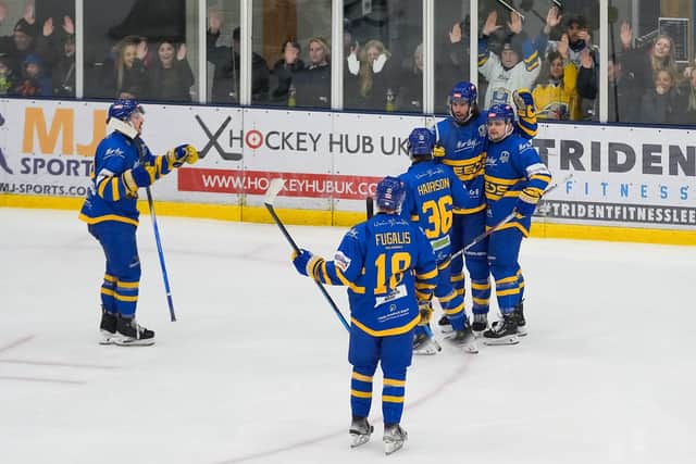 COME TOGETHER: Leeds Knights celebrate Matt Bissonnette's goal against Solway last Sunday. Picture: Daniel Richardson/Knights Media.