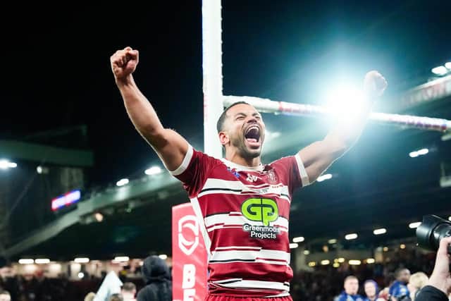 Former Leeds Rhinos captain Kruise Leeming celebrates Wigan Warrtiors' Grand Final win. Picture by Olly Hassell/SWpix.com.
