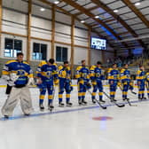 UP FOR IT: Leeds Knights players line up ahead of Saturday night's NIHL National clash against Peterborough Phantoms. Picture courtesy of Oliver Portamento.
