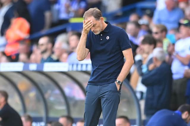 LEEDS, ENGLAND - AUGUST 21: Chelsea manager Thomas Tuchel reacts during the Premier League match between Leeds United and Chelsea FC at Elland Road on August 21, 2022 in Leeds, England. (Photo by Michael Regan/Getty Images)