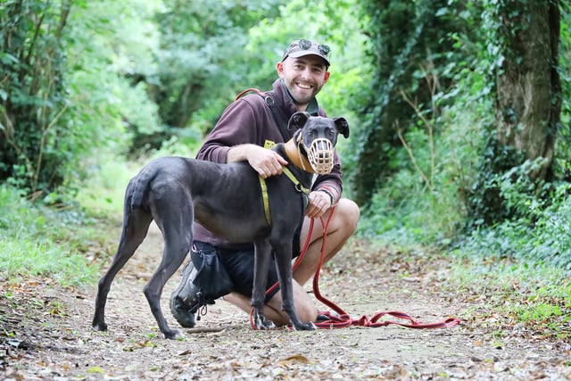 Nine-year-old Lurcher Domino was taken for a special off-site adventure with his favourite handler Kieran. He has a strong chase instinct, so happily wears a muzzle when out and about.