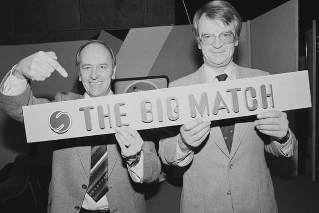 The Big Match presenter Brian Moore with then head of ITV Sport John Bromley. Moore can be seen presenting retro editions of The Big Match on ITV4 (Picture: Chris Moorhouse/Evening Standard/Hulton Archive/Getty Images)
