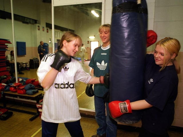 Young boxers at Halton Moor Leisure Centre in October 1997. Pictured, from left, are Claire Newton, Nicky Simpson and Kelly Newton. The rules at the time prevented them from boxing competitively.