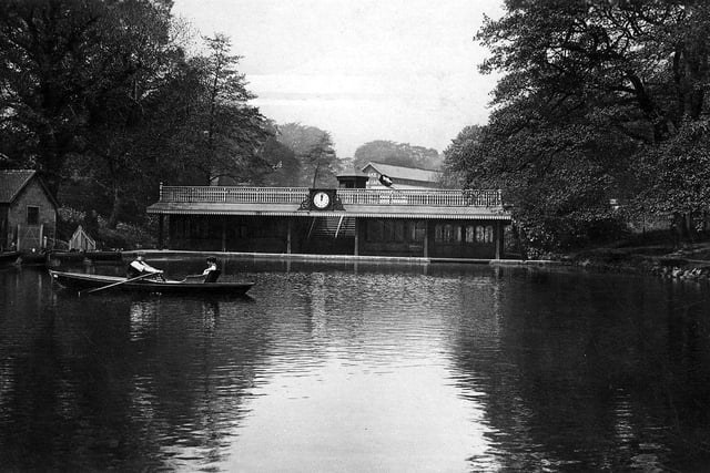 Postcard of Roundhay Park with a postmark of February 29, 1912 franked on the back. The view looks across Waterloo Lake to the boathouse and pavilion. Built in 1902, the boathouse included a dry dock and could accommodate up to 150 boats. Its roof was used as a promenade for looking out over the lake. The clock was a later addition. The boathouse would eventually be transformed into the Lakeside Cafe with a second storey being added in the 1980s.