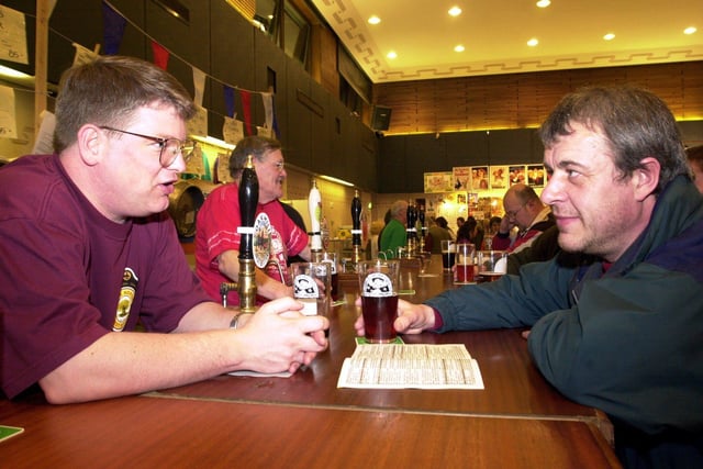 Pudsey Beer Festival, held at the Pudsey Civic Centre, on March 15, 2001. Pictured left to right, Phil Oliver and Martin Firth.