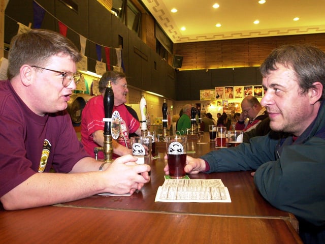 Pudsey Beer Festival, held at the Pudsey Civic Centre, on March 15, 2001. Pictured left to right, Phil Oliver and Martin Firth.