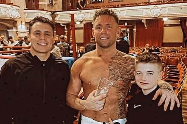 Jonny McGregor, centre, will come out of retirement for the fight on Saturday (May 13). He will run the marathon the following day with friend Thomas O'Donnell, left, and will be supported by son Kody, right.