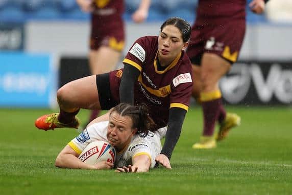 Georgia Hale, seen scoring for Rhinos at Huddersfield in April, will return to Austrlaia later this month. Picture by John Clifton/SWpix.com.