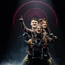 James Banks (Galileo); Meg Riley (Scaramouche) and Laura Hancock (Buddy) ride to the rescue.