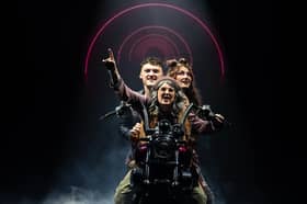James Banks (Galileo); Meg Riley (Scaramouche) and Laura Hancock (Buddy) ride to the rescue.