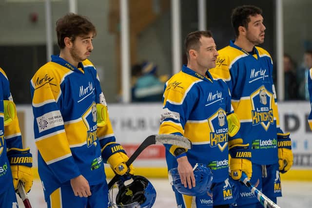 VETERAN PRESENCE: Experienced blue liner Sam Zajac (second left) has proved invaluable to Bailey Perre (left) since he made the move to Leeds Knights. Picture: Oliver Portamento