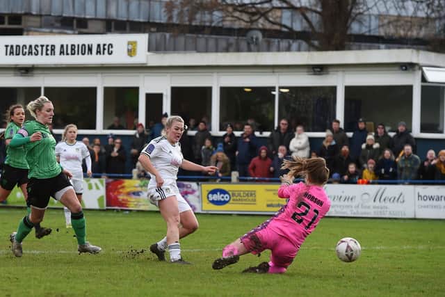 CUP RUN CONTINUES: Amy Woodruff puts Leeds United Women 3-1 up against higher league Stoke City en route to sealing a fourth round date at WSL side Arsenal in the FA Women's Cup. Picture by LUFC.