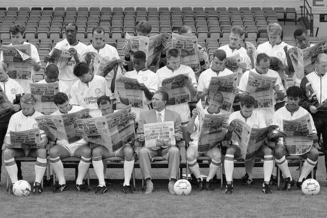Leeds United photo-call in the summer of 1991. Back row, from left, are Bobby Davison, Chris Whyte, Gary McAllister, John Lukic, Mervyn Day, Peter Haddock, Lee Chapman and Rod Wallace. Middle row, from left, are Alan Sutton (physio), Ray Wallace, Steve Hodge, Chris Fairclough, John McClelland, Mike Whitlow, Mel Sterland and Mick Hennigan (coach). Front row, from left, are David Batty, Gary Speed, Imre Varadi, Howard Wilkinson (manager), Gordon Strachan, Tony Dorigo and Chris Kamara.