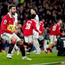 NO WORRIES: For Manchester United captain Bruno Fernandes, pictured during Wednesday night's clash against Leeds United at Old Trafford. Photo by Ash Donelon/Manchester United via Getty Images.