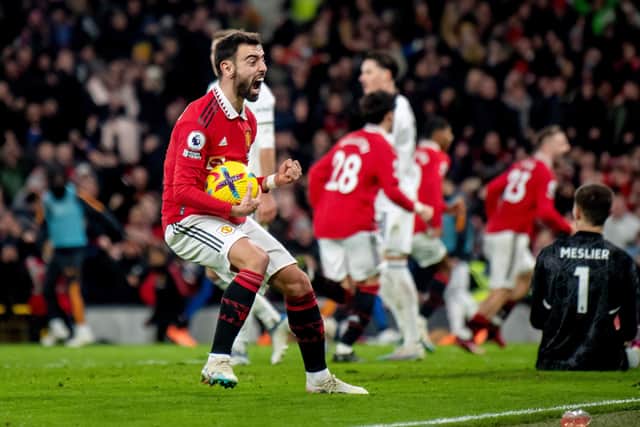 NO WORRIES: For Manchester United captain Bruno Fernandes, pictured during Wednesday night's clash against Leeds United at Old Trafford. Photo by Ash Donelon/Manchester United via Getty Images.