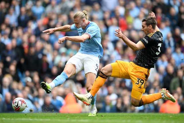 FIGHTING TALK: From Leeds United's Austrian international defender Max Wober, right, pictured challenging Manchester City star Erling Haaland in Saturday's 2-1 defeat at the Etihad. Photo by Gareth Copley/Getty Images.
