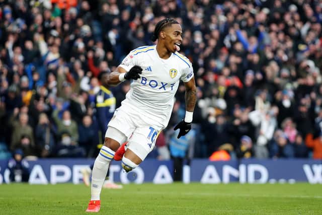 BURNING AMBITION - Crysencio Summerville of Leeds United celebrates after scoring the team's second goal during the Sky Bet Championship match between Leeds United and Middlesbrough at Elland Road. His goal this season is promotion back to the Premier League. Pic: Jess Hornby/Getty Images