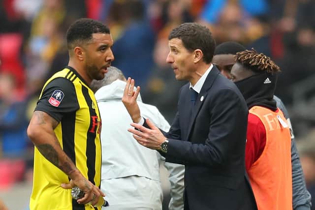 BOND: Troy Deeney with boss Javi Gracia during Watford's FA Cup semi-final against Wolves at Wembley back in April 2019. Photo by Catherine Ivill/Getty Images.