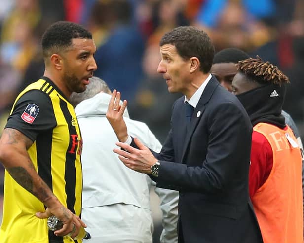 BOND: Troy Deeney with boss Javi Gracia during Watford's FA Cup semi-final against Wolves at Wembley back in April 2019. Photo by Catherine Ivill/Getty Images.
