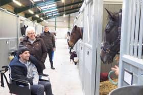 Former Leeds Rhino Rugby League player Rob Burrow meets three-year-old racehorse Burrow Seven, who was named after him to raise funds for the MND Association. Photo: Burrow Seven Racing Club / SWNS.