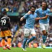 AT THE DOUBLE: Ilkay Gundogan, centre, celebrates putting Manchester City 2-0 up against Saturday's visitors Leeds United as Willy Gnonto, left, shows his disappointment in the background. Photo by Gareth Copley/Getty Images.
