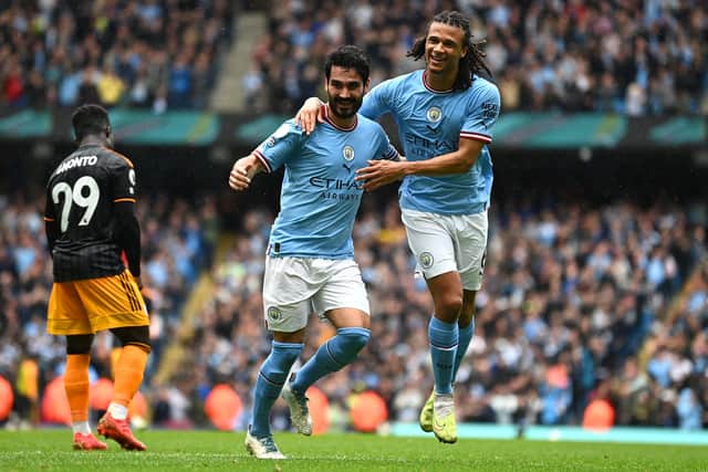 AT THE DOUBLE: Ilkay Gundogan, centre, celebrates putting Manchester City 2-0 up against Saturday's visitors Leeds United as Willy Gnonto, left, shows his disappointment in the background. Photo by Gareth Copley/Getty Images.