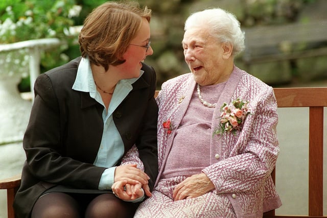 July 1998 and Zoe Webber, left, celebrates her 18th birthday on the same day as her great grandmother, Phyllis Taylor ( correct) celebrates her 100th at Carlton Nursing Home in Woodlands Drive, Rawdon.