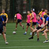Rhinos' 17-year-old half-back Fergus McCormack gets a pass away at training this week. Picture by Jonathan Gawthorpe.