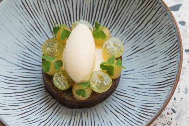 The arctic roll and pears, made using wild woodruff that Josh hand-picks near his home in Leeds (Photo by Jo Ritchie)
