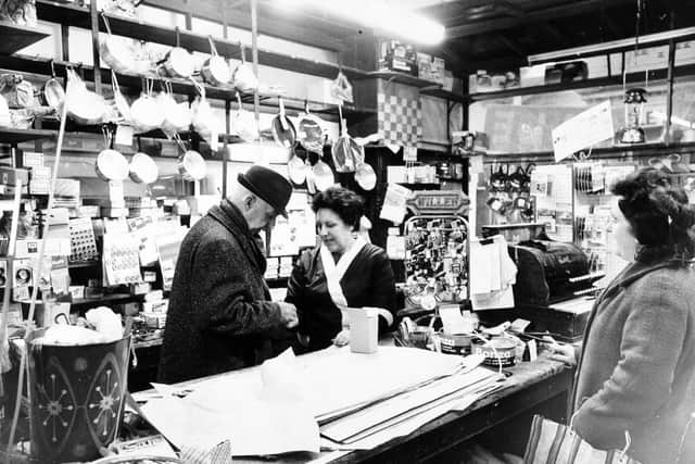 Leeds, 31st January 1974A typical shopper's eye view of Scarrs in leeds Market.