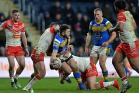 Tom Briscoe on the ball for Rhinos against St Helens. Picture by Bruce Rollinson