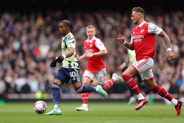 GOOD DAY: For young Leeds United forward Crysencio Summerville, left, who ensured that Arsenal's former Whites loanee Ben White, right, did not have an easy afternoon at the Emirates.  Photo by Julian Finney/Getty Images.