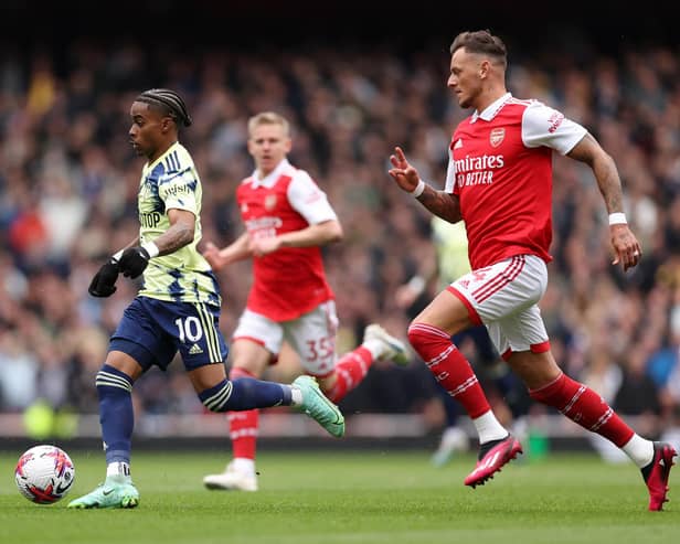 GOOD DAY: For young Leeds United forward Crysencio Summerville, left, who ensured that Arsenal's former Whites loanee Ben White, right, did not have an easy afternoon at the Emirates.  Photo by Julian Finney/Getty Images.