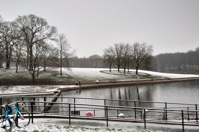 Roundhay Park's Waterloo Lake, in Leeds, pictured during snowfall.