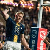 Mikolaj Oledzki celebrates scoring during Leeds Rhinos' home win against Huddersfield Giants in May. Picture by Alex Whitehead/SWpix.com.