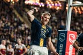 Mikolaj Oledzki celebrates scoring during Leeds Rhinos' home win against Huddersfield Giants in May. Picture by Alex Whitehead/SWpix.com.