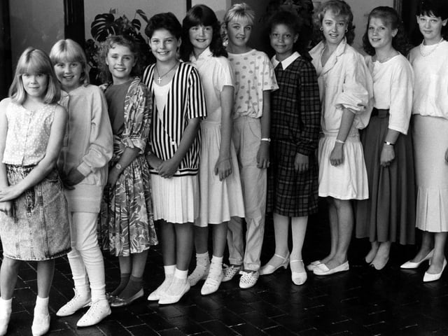 Coronation Street star Angela Griffin (fourth from the right) pictured in 1987, during a photocall for Leeds Gala Queen.