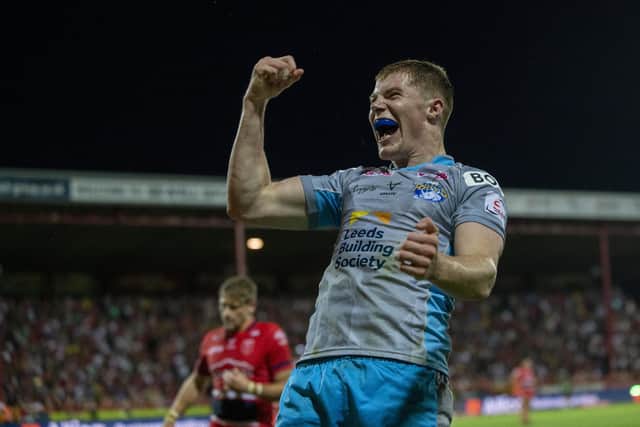 Morgan Gannon celebrates scoring his second try against Hull KR.  Picture by Bruce Rollinson.