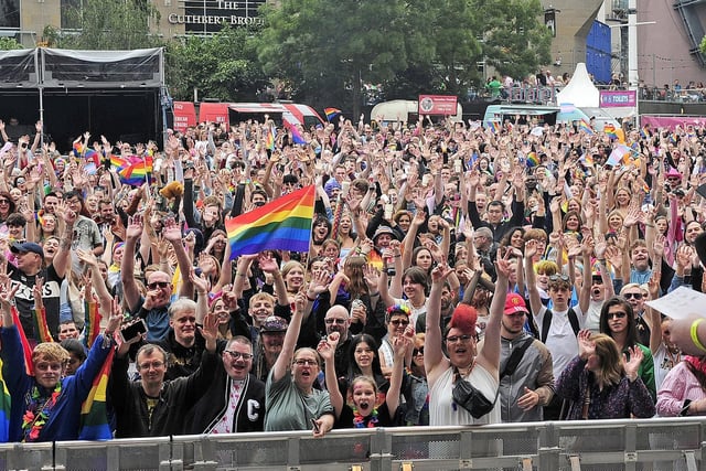 Leeds Pride 2023, crowds in Millennium Square.