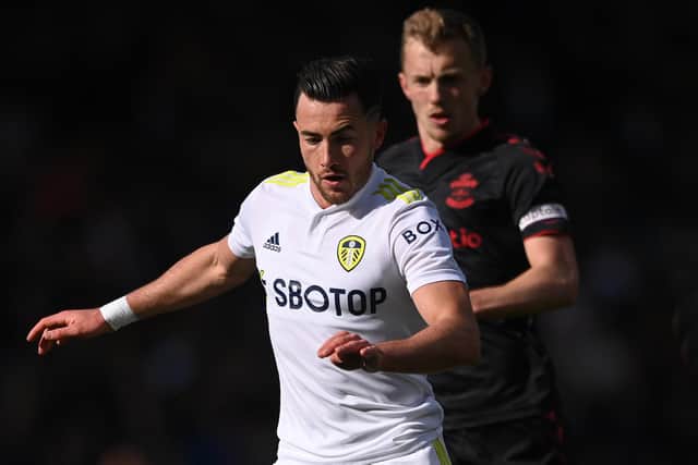 LEEDS, ENGLAND - APRIL 02: Leeds United player Jack Harrison in action during the Premier League match between Leeds United and Southampton at Elland Road on April 02, 2022 in Leeds, England. (Photo by Stu Forster/Getty Images)