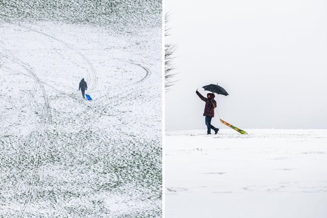 Sledgers took to the fields today as snow fell across Leeds.