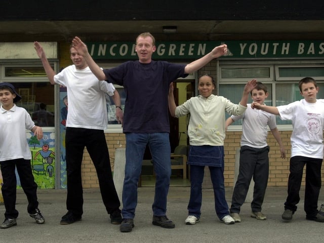 Full Monty actor Steve Huison rehearses with members of the Lincoln Green Youth Theatre in April 2002. The theatre group were preparing to stage  'Playing It By The Book' at the Studio Theatre at Leeds Metropolitan University.