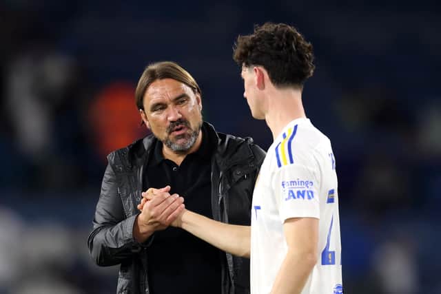LEEDS, ENGLAND - AUGUST 09: Daniel Farke, Manager of Leeds United, interacts with Archie Gray of Leeds United following the Carabao Cup First Round match between Leeds United and Shrewsbury Town at Elland Road on August 09, 2023 in Leeds, England. (Photo by George Wood/Getty Images)