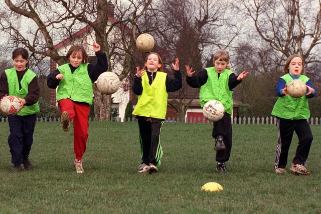 Girls football coaching at Cookridge Primary School in March 1999.