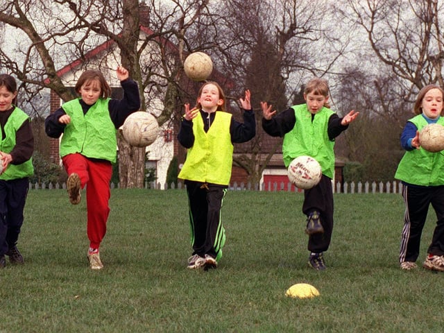 Girls football coaching at Cookridge Primary School in March 1999.