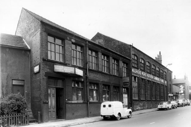 Elland Road in September 1960. Part of an upholstery works occupies 121, also Waterhouses sweets and toffees. The large building on the left is Moorhead Works, Northern Chairworks Ltd, upholsterers. This factory was formerly an engineering works.