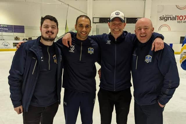 TEAM WORK: Leeds Knights head coach (right) celebrates with his backroom team of (from left) Ryan Whitford, Farzan Kamdin and Jason Thomas.