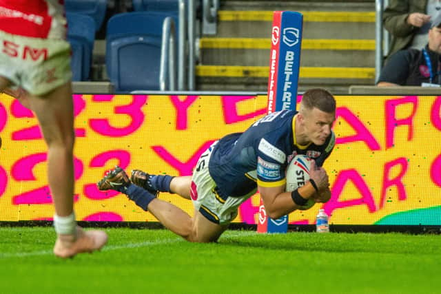 Ash Handley's 100th Super League try was a rare moment of celebration for Rhinos fans in the home defeat by Hull KR.  Picture by Bruce Rollinson.